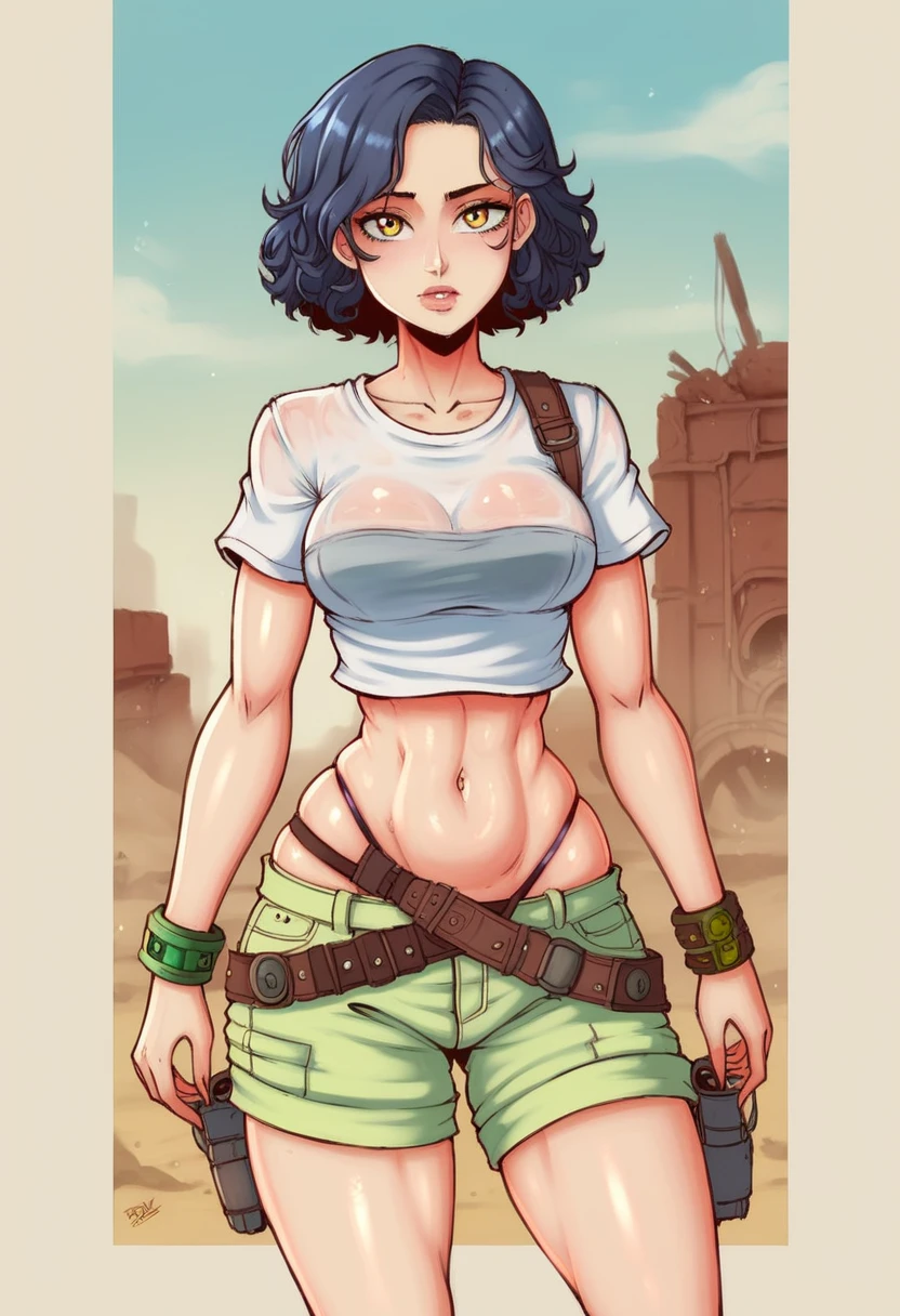 Bright shot: 1.3), epic realistic, yellow eyes, girl raider, (one girl), light gray non-transparent short sleeve top, transparent fabric at the waist, wavy hair 1.4, (dark blue hair), short hair, dark blue and orange color scheme, (light green shorts), aesthetics of wasteland and canyons!!! n ruins, soft cinematic light, Adobe Lightroom, darkroom, HDR, intricacy, green bracelets on the arms, straps from red thrings over transparent fabric at the waist, thong under shorts