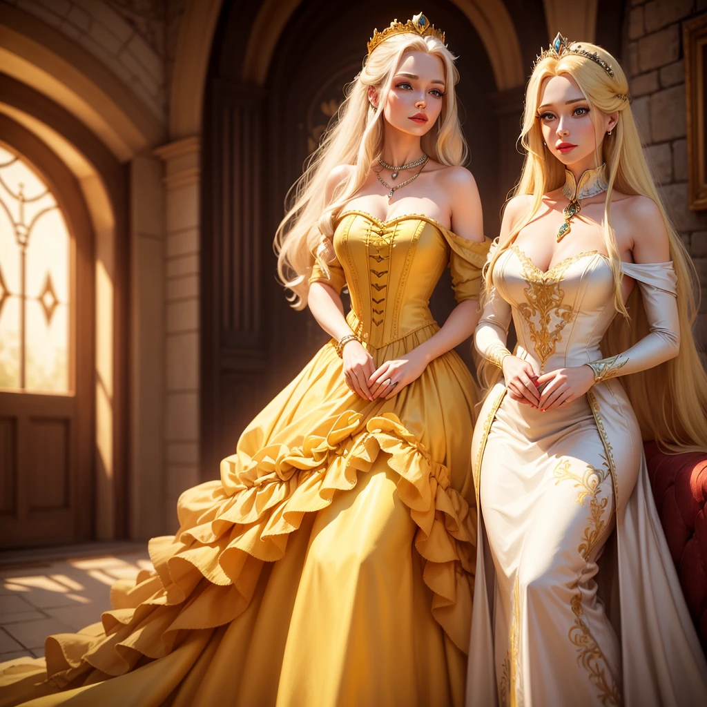 A realistic image of a beautiful blonde queen in the style of Rapunzel with green eyes, red lipstick, long straight yellow hair, a heart-shaped neckline dress, and jewelry. Time travel to the Modern Era. High resolution. 4K.