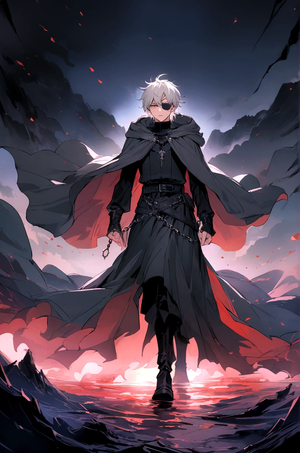 anime character, one men, medieval era. young man, 20 years old, wide body, cold stare, cold expression, Caucasian skin, short messy gray hair, hypdertailed, left-eyepatch, black clothing, black jersey, dark cloak with hood, chains. frontal camera. Walking in a sea of blood. Three moons shining high in the sky, purple, red and blue. White electricity emanating from your body, black electricity emanating from his left hand. Right eye shining in a white ray. Thunderous white lightning. (best qualityer, 4K, 8K, high resolution, work of art: 1.2), Vibrant, Ultra-detailed colors, chiaroscuro lighting, dramatic pose, details Intricate, fancy, Mystic, mighty