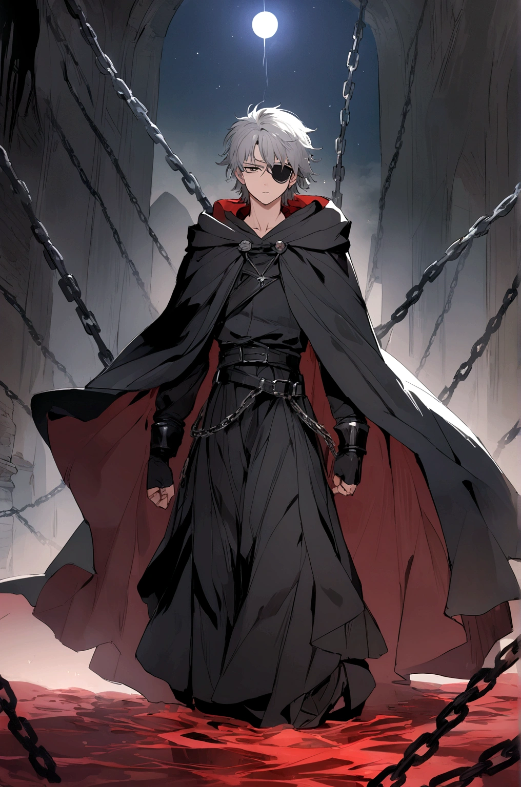 anime character, one  men, medieval era. young man, 20 years old, wide body, cold stare, cold expression, Caucasian skin, short messy gray hair, hypdertailed, left-eyepatch, black clothing, black jersey, dark cloak with hood, chains. frontal camera. Walking in a sea of blood. Three moons shining high in the sky, purple, red and blue. White electricity emanating from your body, black electricity emanating from his left hand. Right eye shining in a white ray. Thunderous white lightning. (best qualityer, 4K, 8K, high resolution, work of art: 1.2), Vibrant, Ultra-detailed colors, chiaroscuro lighting, dramatic pose, details Intricate, fancy, Mystic, mighty