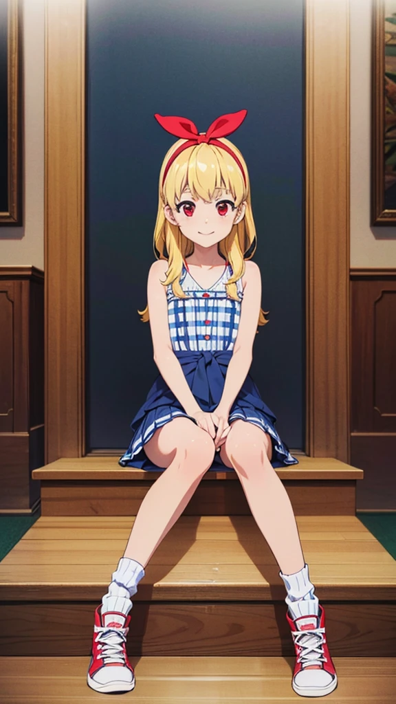 ,(masterpiece, Highest quality, Very detailed, Super detailed, High resolution, Absurd, 4K, 8K:1.2), (Official Art, Incredible illustrations, Detailed Background, Cinema Lighting, Dynamic Angle, Perfect hands)
break,,(Red ribbon on hairband:1.2),Blonde,Floating Hair,,Red eyes,masterpiece,High resolution,Ultimate detail,Highest quality,(RAW Photos,Photo Real, 16K), pretty girl,((Double layer check sneakers),((Loose socks)),(Narrow waist, Thin thighs),(city,Sitting on the stairs),(flat_chest, flat chest),whole body,(Front to bottom),Spread your legs:1.4,((Focus Shaved)),((Perfect petite body)),(Shiny tanned skin),((A shy smile)),((Open your knees wide)),(Illuminate Full Body), (((semen)))