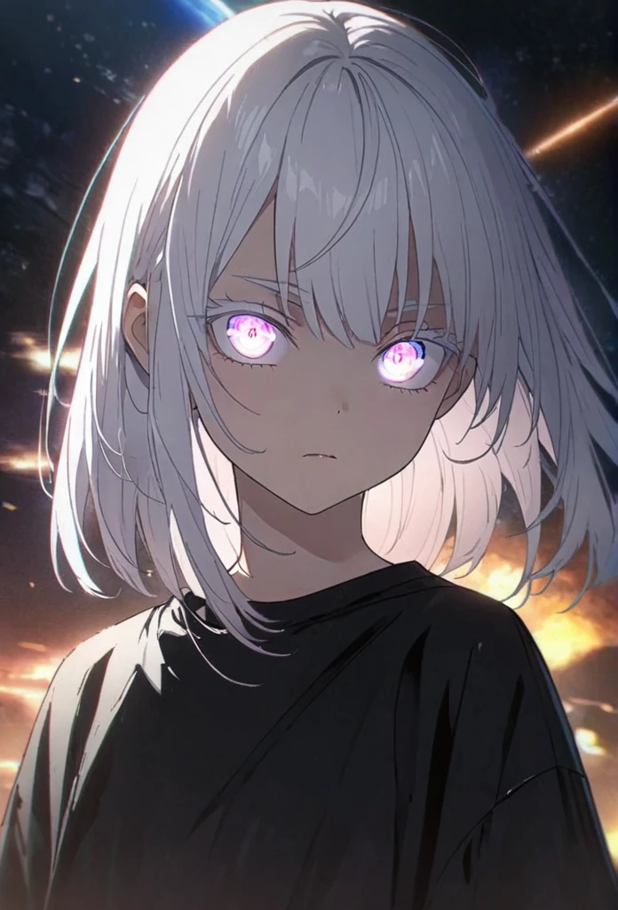 Woman, age 18, white hiar, hair bangs, wears round sunglasess, white eyebrows, white eyelash, white eyelashes, albino, detailed eyes, glowing eyes, galaxy eyes, wearing black shirt, high quality, 4k resolution, anime, ((straight hair))