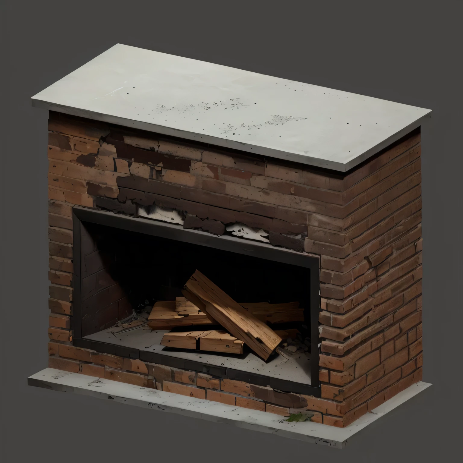 Old dilapidated brick fireplace with concrete bottom and top, fireplace with cracks and wood inside