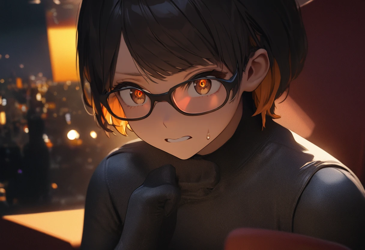 (detailed line art, water color shading, aesthetic art, light tone), (masterpiece, photo_real, official art, octane-render):1.33, 1 girl talking, (with 1_Japanese_male, dark tan skin):1.33, dark-skinned male, (Detailed brown eyes, glasses), (handsome face, with stubble):1.1, (Detailed black-hair, super very short hair, right flaring bangs:1.33), handsome_face,  Rest on his chin, Shining sweat, bangs flowing to the right, (glows ultra-detailed, narrow brown eyes, gradient eyes, finely detailed beautiful eyes, symmetrical eyes, big highlight on eyes, narrow eyes,detailed, eyebrows, impatience, emphasis of facial expressions, (in charcoal_suit):1.21, back shot, whole_body_shot, 
BREAK,
And another 1 woman sitting in an Agatha_Dreams_chair, (detailed brown eyes, jet-black semi-long hair,colored inner orange ombre hair multicolored hair, curly):1.33, looking out over a cityscape at night. The chair is designed in the style of Christophe Pillet, with a sleek and minimalist silhouette. The woman is wearing a chic evening dress, and the cityscape is bathed in warm, golden light. *agatha_dreams_chair*, *christophe_pillet*, *silhouette*, *minimalist*, *cityscape*, *night*, *evening_dress*, *golden_light*, black simple background, dim lighting, ray tracing, ray tracing, Faintly emerge from the darkness,