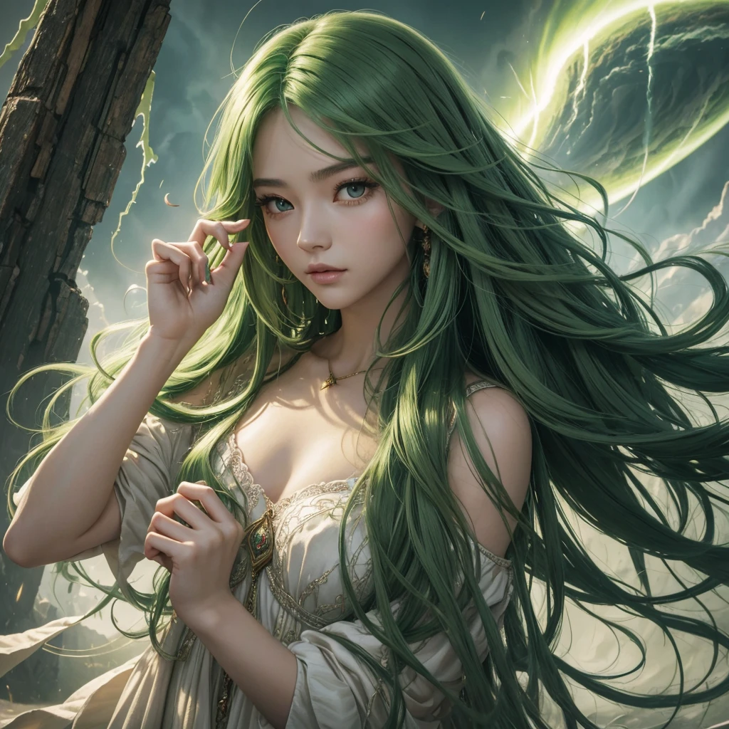 (high quality)、(masterpiece)、(detailed)、One Beautiful Woman、Woman with long green hair、Wizard、Right palm facing up、BRAEK、
A tornado is happening in the palm of your hand、A small tornado in the palm of your hand、BRAEK、
The background is a tornado、BRAEK Holding a tornado in the palm of his hand