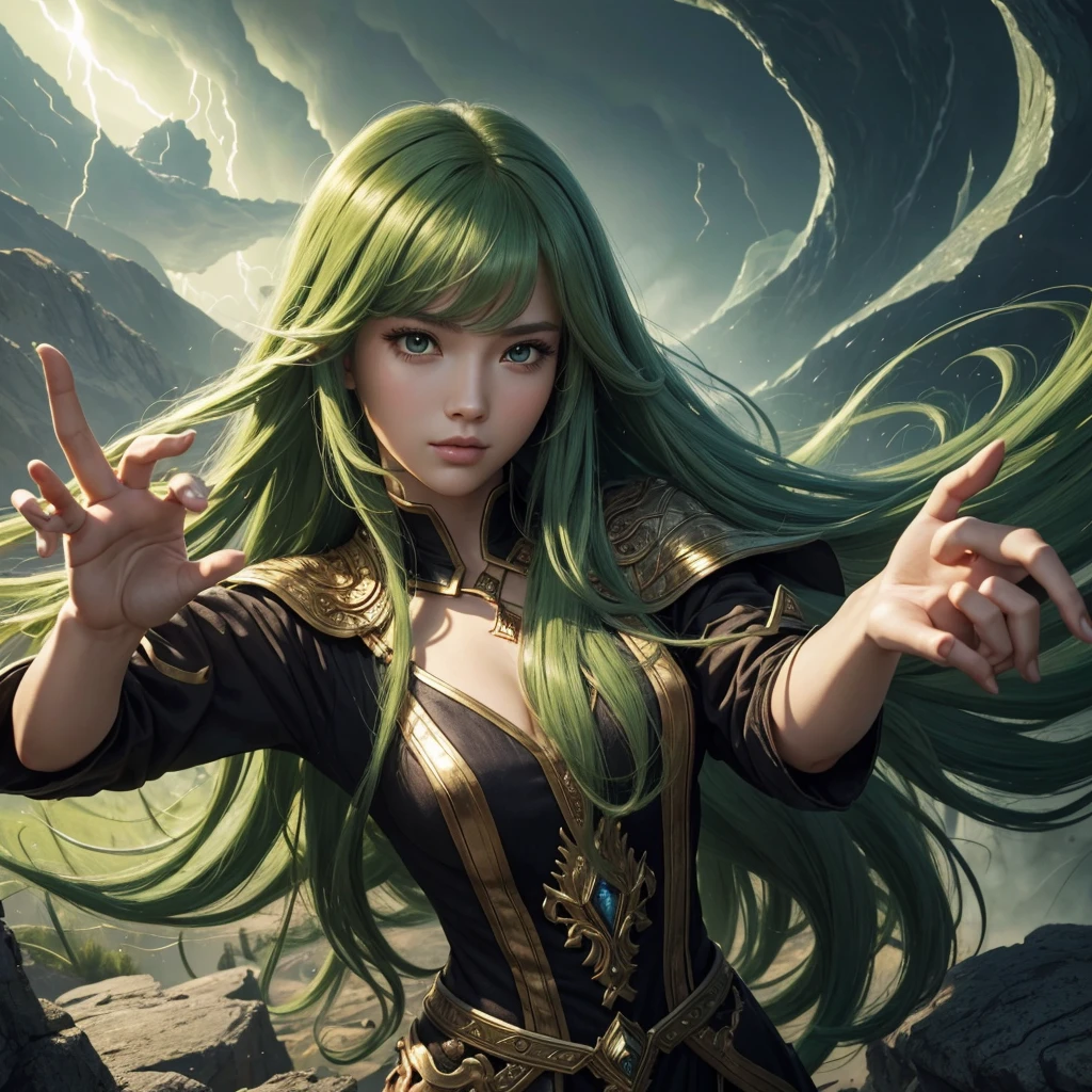 (high quality)、(masterpiece)、(detailed)、One Beautiful Woman、Woman with long green hair、Wizard、Right palm facing up、BRAEK、
A tornado is happening in the palm of your hand、A small tornado in the palm of your hand、BRAEK、
The background is a tornado、BRAEK Holding a tornado in the palm of his hand