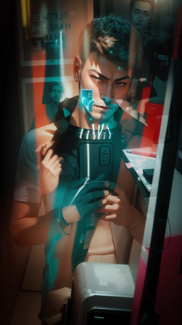 Change background cyberpunk handsome boy. realistic face, SK ,ultra realistic