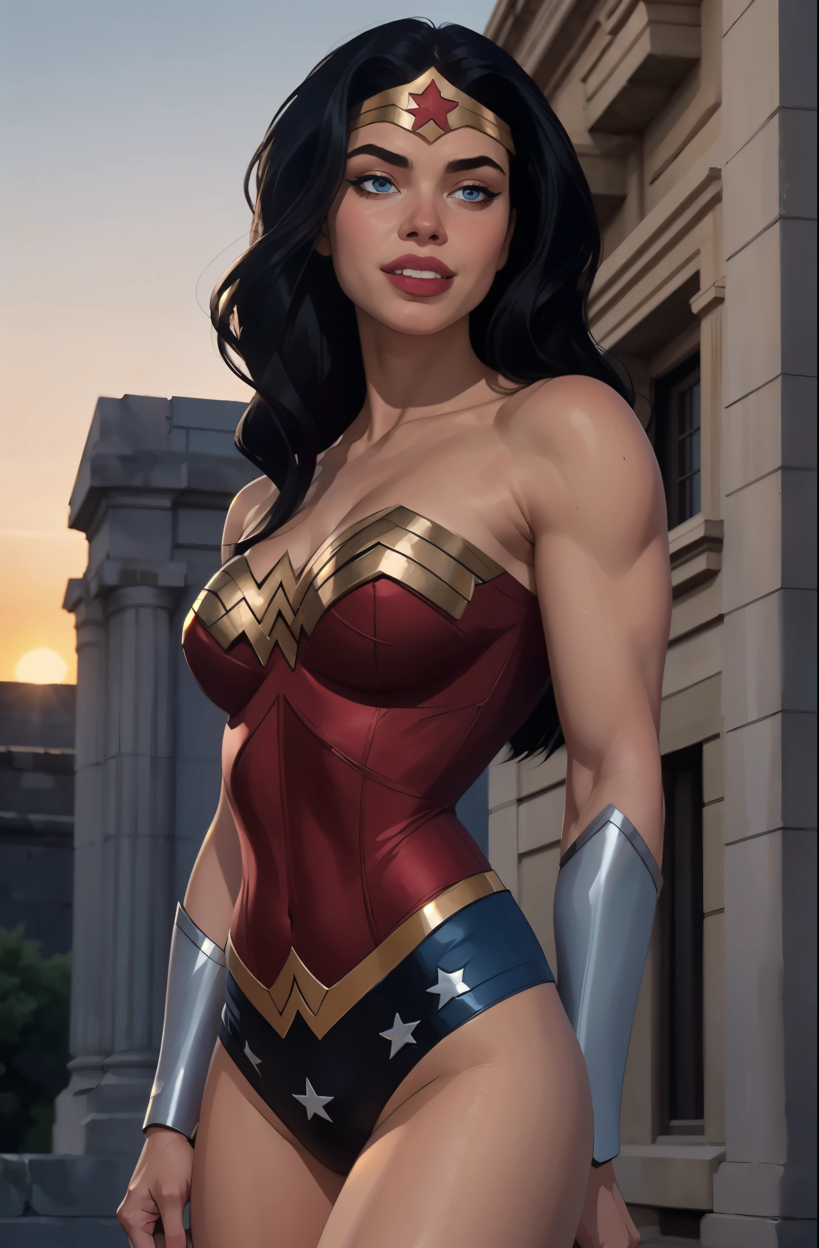 comics wonder woman, long black hair, ((medium breasts)), smiling closed, blushing, realistic hair, cinematic, realistic skin, (forshortening), looking at viewer, close up half body portrait, ultra low angle shot, blue eyes, sunset background, sunshine on face,