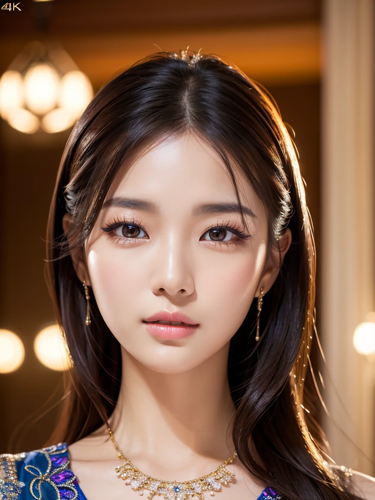 a beautiful young korean idol woman, high quality detailed portrait, extremely detailed face and eyes, long eyelashes, detailed skin texture, flawless makeup, elegant expression, detailed hair, beautiful detailed lips, intricate jewelry, detailed clothing, complex background, (best quality,4k,8k,highres,masterpiece:1.2),ultra-detailed,(realistic,photorealistic,photo-realistic:1.37),studio lighting,HDR,vivid colors,professional photography、チョア
