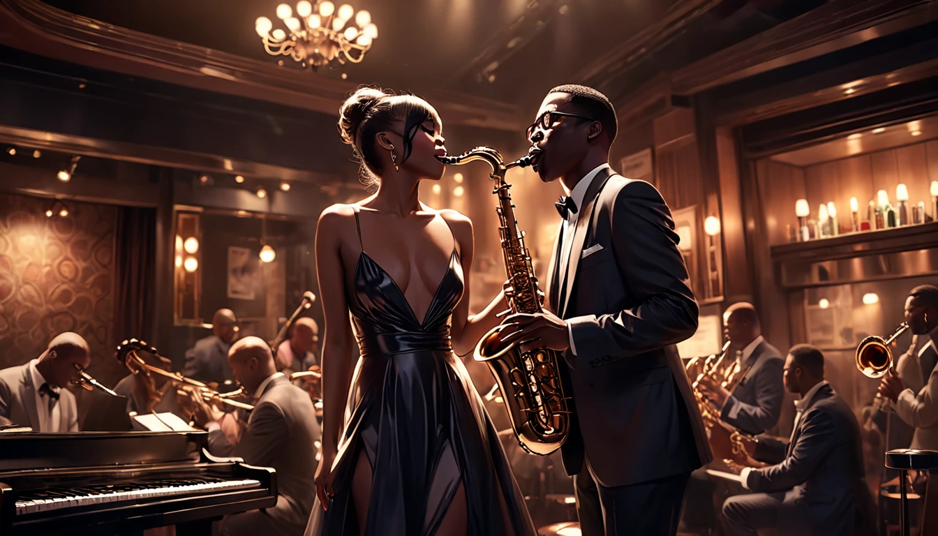 Intimate jazz club atmosphere, Dark and Smoky, A saxophonist gives the best performance of his life, Very intricate detail, Award-winning art, Ray Tracing, Sharp focus, 8K, High resolution, masterpiece, Professional, Very detailed, Perfect hands