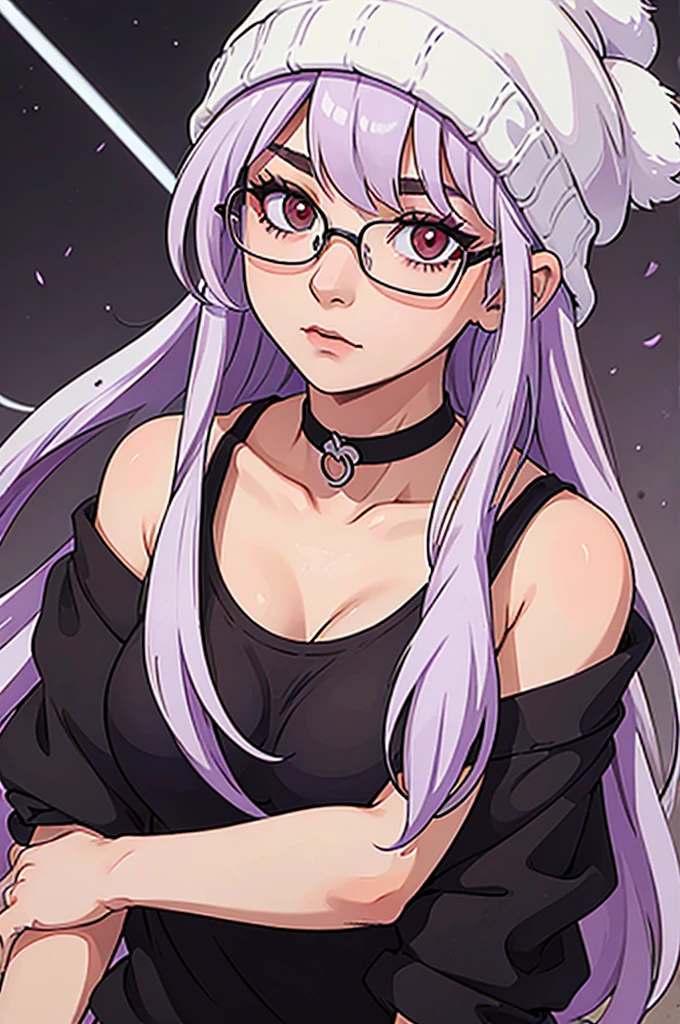 girl, white beanie, light purple hair, red eyes, glasses, black tanktop, choker, breasts