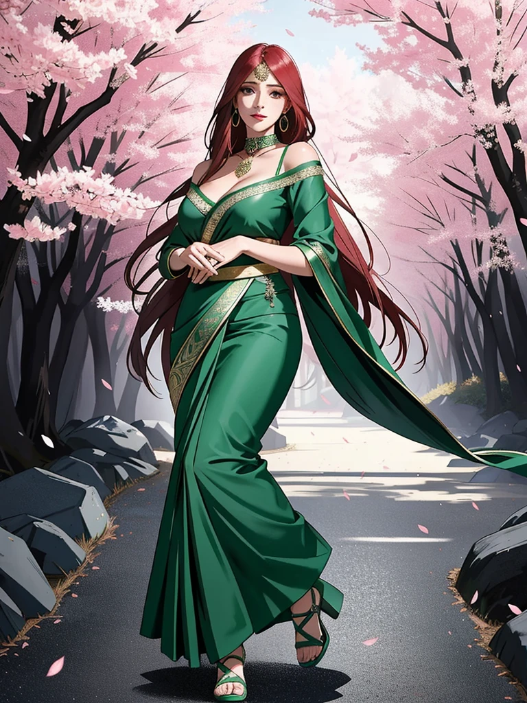 Uzumaki_kushina, lots of jewellery, black silk blouse and light green saree, amazing makeup, beautiful face, kind eyes, intricate dance, traditional look and dance,huge breasts, cleavage,off shoulder dress, cherry blossoms trees,full body