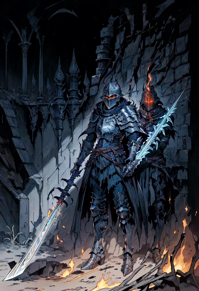 arafed knight with a sword in a dark room with flames, dark souls knight, the dark souls knight, dark souls style, dark souls art, dark souls concept art, dark souls inspired, dark souls art style, dark souls vibe, darksouls concept art, fallen knight, dark soul concept art, in style of dark souls 3, dark souls colour scheme, 1 knight only