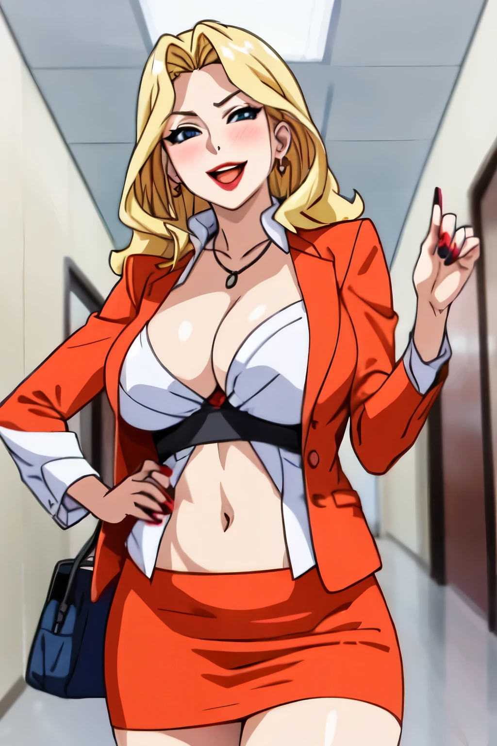 Dress_AliceNonoyama_ownwaifu,
1girl, blonde hair, long hair, blue eyes, lips, mature female, eyelashes, earrings, jewelry, red lips, nail polish, lipstick, makeup, large breasts, breasts,
blush, lipstick,masterpiece, best quality, highly detailed,breasts,skirt,cleavage,long hair,skirt
suit,suit,formal,jewelry,necklace,micro pencil skirt,jacket,smile,makeup,looking at viewer,business suit,
lipstick,office lady,mature female,micro miniskirt,indoor,office,office lady ,smile, open mouth, (nsfw) not
safe for work, holding a gun, evil expression, exposed belly, exposed navel, exposed midriff, exposed
lower belly