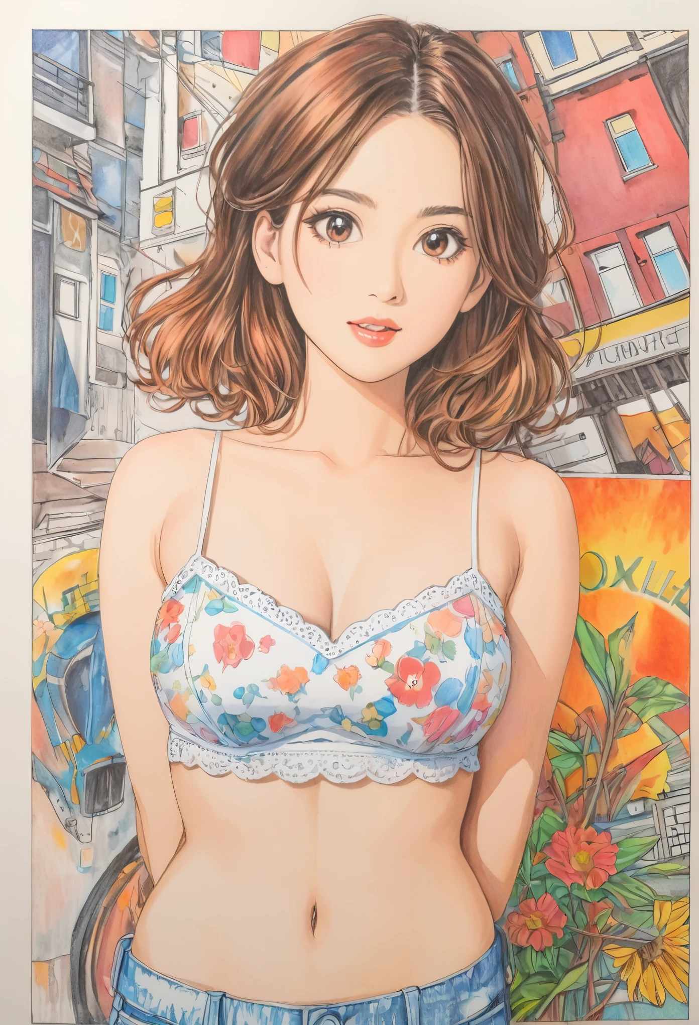 female,short camisole,white,Art,ad,colour pencil drawing,draft drawing ,comic collage,illustration