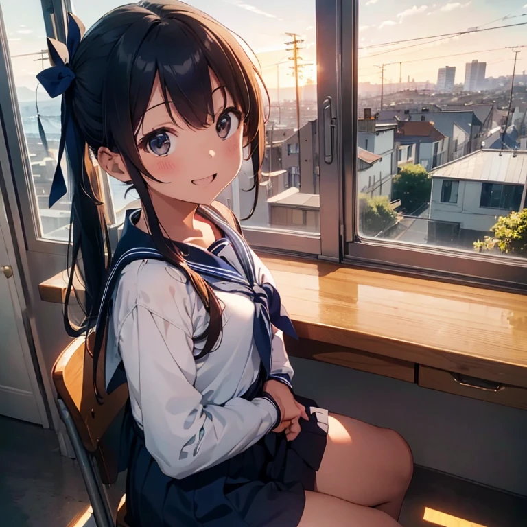 Highest quality, Very detailed, masterpiece, One Girl, Sitting in a chair Smiling, Open Mouth, 15yo, (low twintails:1.2), Low Pigtails, Black Hair, Long Hair, (Navy blue sailor suit with blue ribbon:1.4), Long sleeve, Dark brown eyes, School desk, School Chair, classroom, from the front, Close up on face, First-person view, alone, window, The cityscape and coastline in the distance, Hill Town, 16 o'clock, Orange sky, anime,