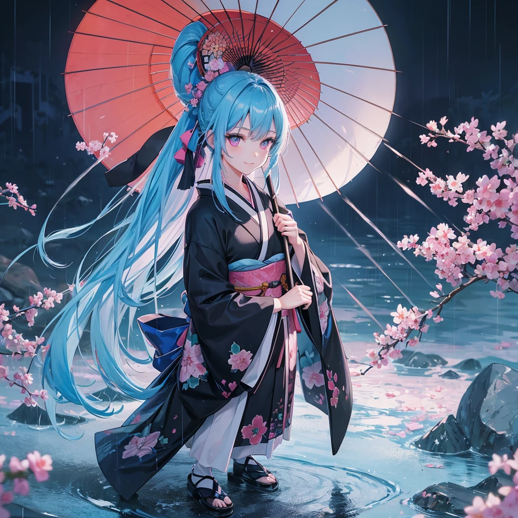 sky Blue hair, (braided ponytail),(pink eyes),fair skin ,(full body),(1 girl),smile,Straight Bangs,(masterpiece, best quality, ultra-detailed, best shadow), (detailed background), (beautiful detailed face), high contrast, (best illumination, an extremely delicate and beautiful), ((cinematic light)), colorful, hyper detail, dramatic light, intricate details,rain shower,kyoto,Japanese Umbrella,black kimono,