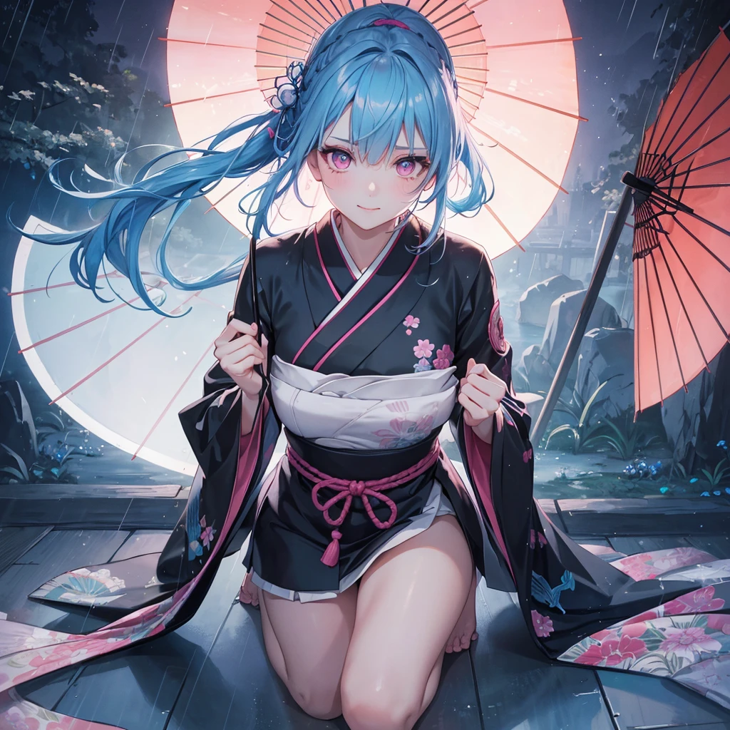 sky Blue hair, (braided ponytail),(pink eyes),fair skin ,(full body),(1 girl),smile,Straight Bangs,(masterpiece, best quality, ultra-detailed, best shadow), (detailed background), (beautiful detailed face), high contrast, (best illumination, an extremely delicate and beautiful), ((cinematic light)), colorful, hyper detail, dramatic light, intricate details,rain shower,kyoto,Japanese Umbrella,black kimono,