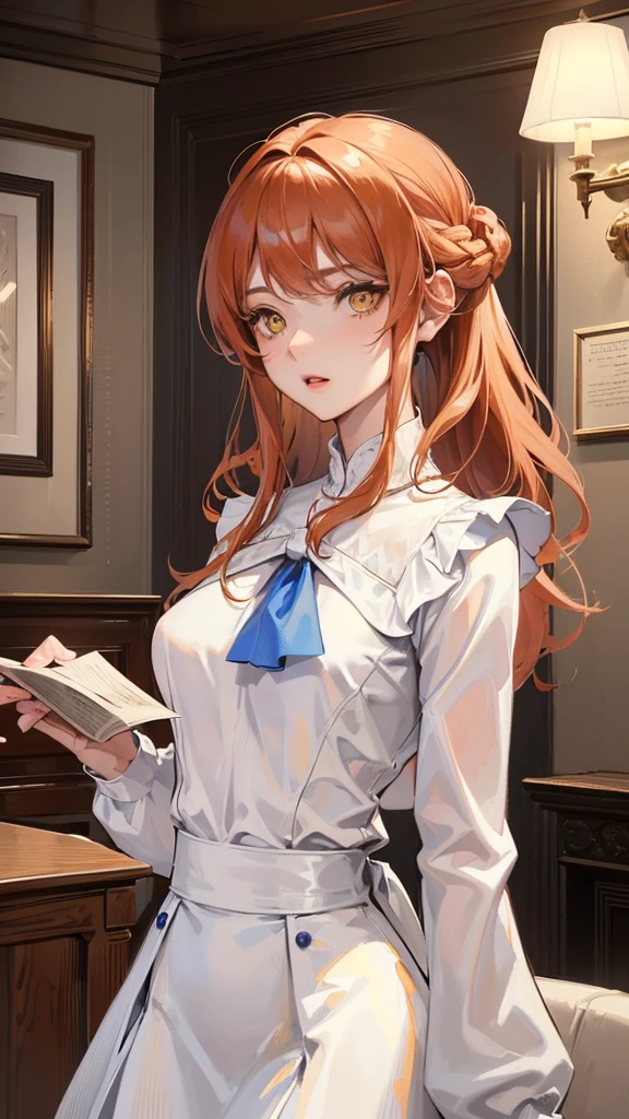 Photograph of the upper body of a beautiful woman, , normal breasts, perfect body), Sharp focus, (tall body, mature woman), ((Looking ahead)), (Highly detailed skin, hair follicles:1.4,) (long hairstyle ,ginger hair, yellow eyes) , (white blouses:1.47),(brown skirt),(sweater) , night light , high quality ,normal expression, cottage core, blue ribbons 🎀 💙, brown coat , minimal