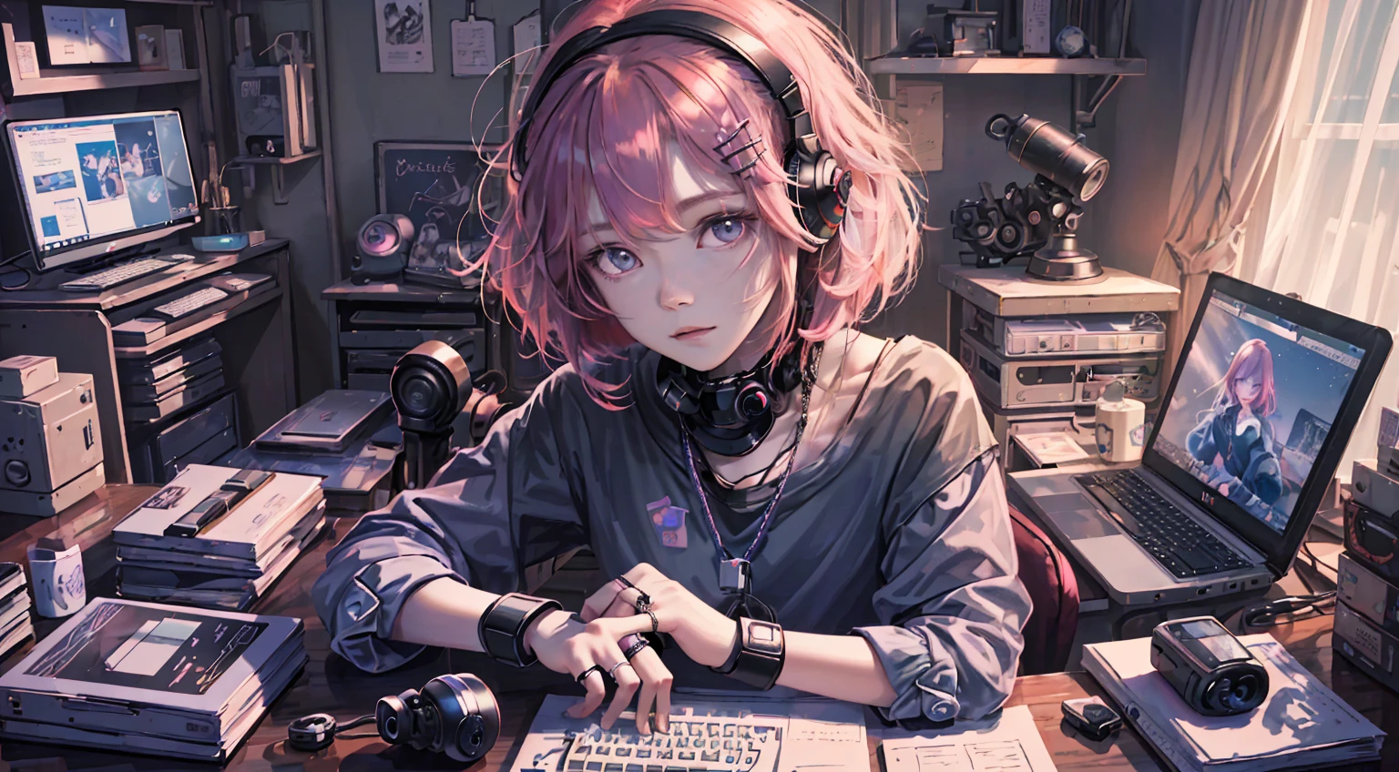 A girl plays with a computer while studying, Red hair, Technology style, Pink, purple, Blue, Monitors, keyboard, notebooks, Desk work, Computer host, mobile phone, mouse, stereo, illustration, iphone, Mac, Macbook, AirPods Pro, wireless headset, short sleeve T-shirts, Short skirt, Wide-angle lens, (Full body photo), tmasterpiece、(Photorealsitic:1.4)、top-quality、beautiful light up、(Ulzzang-6500:0.5)、makima \(chainsawman\)、(bob hair)+(brunette color hair)+(By bangs)、eRed eyes、eRed eyes、Kaihuai、((Ring-shaped Eyes))、RAW photography、8K UHD、Film grains