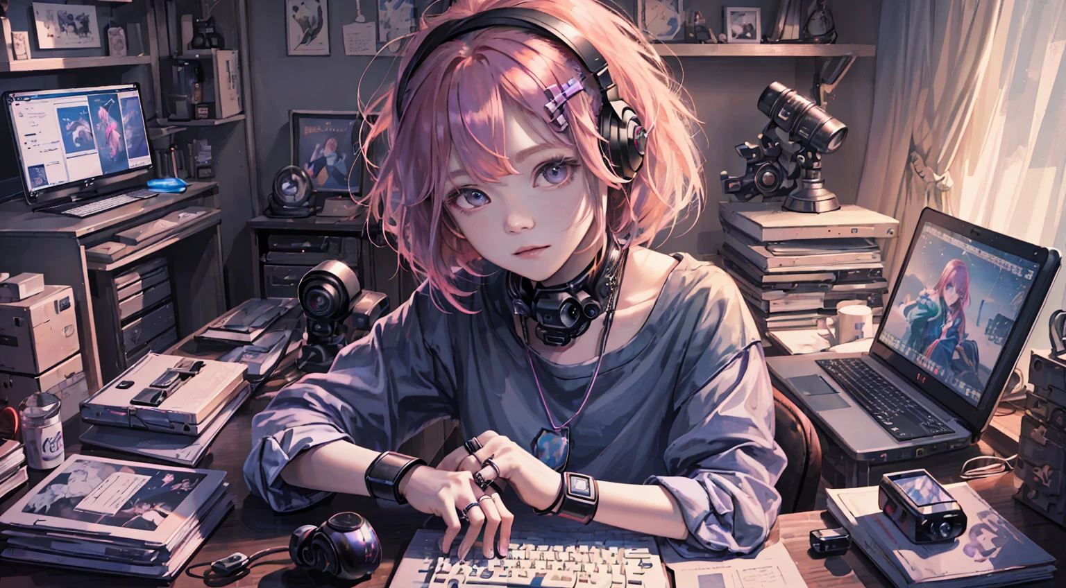 A girl plays with a computer while studying, Red hair, Technology style, Pink, purple, Blue, Monitors, keyboard, notebooks, Desk work, Computer host, mobile phone, mouse, stereo, illustration, iphone, Mac, Macbook, AirPods Pro, wireless headset, short sleeve T-shirts, Short skirt, Wide-angle lens, (Full body photo), tmasterpiece、(Photorealsitic:1.4)、top-quality、beautiful light up、(Ulzzang-6500:0.5)、makima \(chainsawman\)、(bob hair)+(brunette color hair)+(By bangs)、eRed eyes、eRed eyes、Kaihuai、((Ring-shaped Eyes))、RAW photography、8K UHD、Film grains