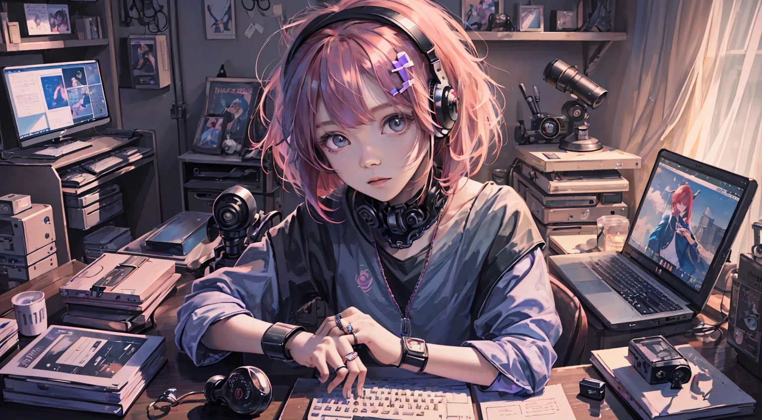 A girl plays with a computer while studying, Red hair, Technology style, Pink, purple, Blue, Monitors, keyboard, notebooks, Desk work, Computer host, mobile phone, mouse, stereo, illustration, iphone, Mac, Macbook, AirPods Pro, wireless headset, short sleeve T-shirts, Short skirt, Wide-angle lens, (Full body photo), tmasterpiece、(Photorealsitic:1.4)、top-quality、beautiful light up、(Ulzzang-6500:0.5)、makima \(chainsawman\)、(bob hair)+(brunette color hair)+(By bangs)、eRed eyes、eRed eyes、Kaihuai、((Ring-shaped Eyes))、RAW photography、8K UHD、Film grains