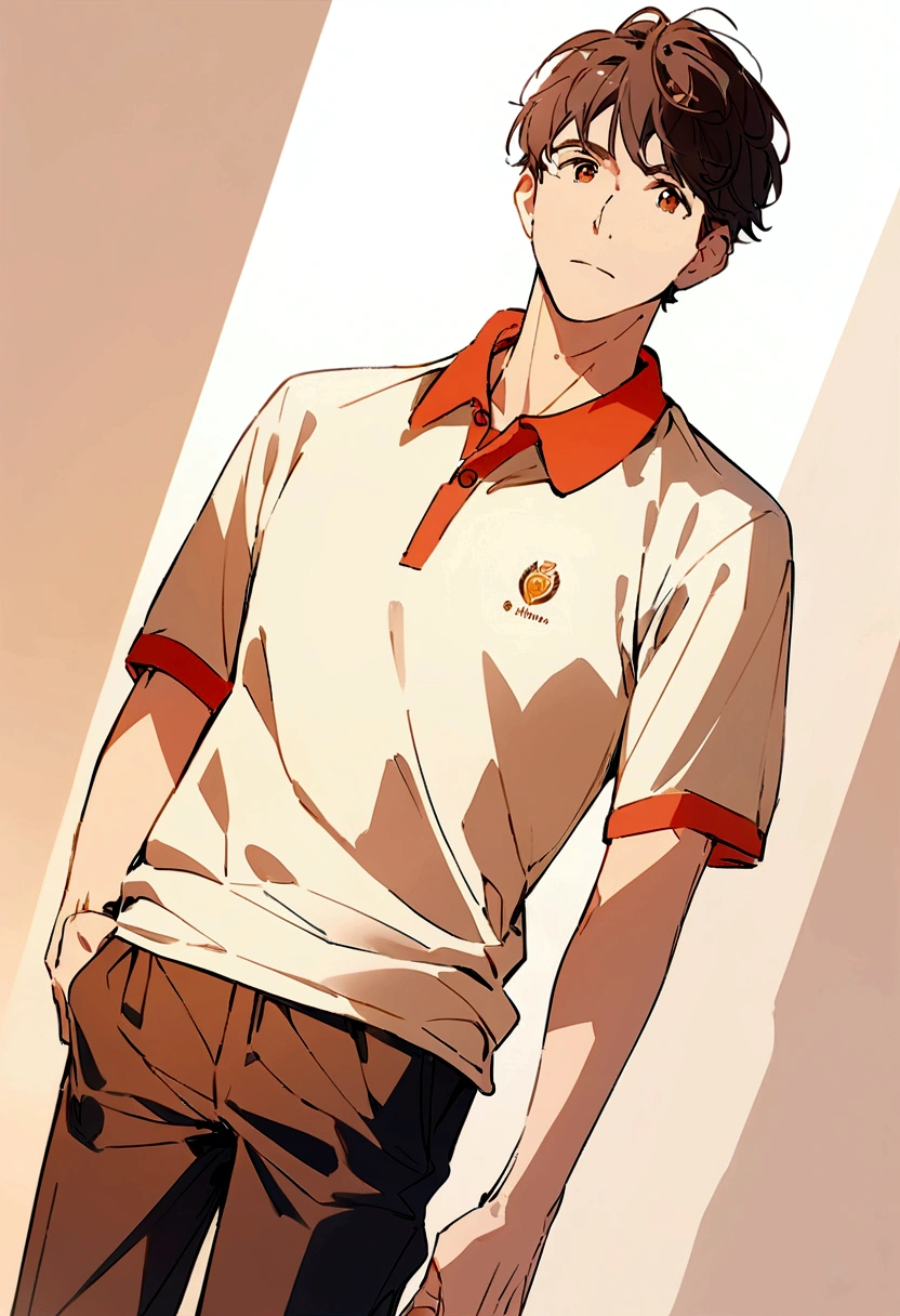 Full-body view of a man in a company polo shirt, illustrated in high resolution with a professional and clean style. The scene should have natural lighting, a neutral background, and highlight the company's logo on the polo. Camera angle: full shot