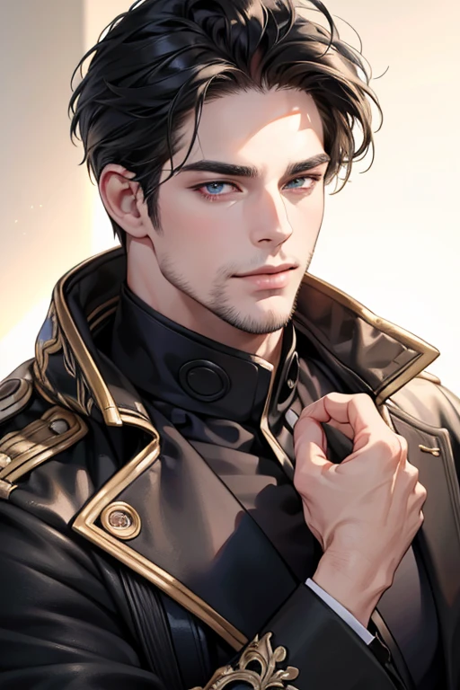 (best quality,4k,8k,highres,masterpiece:1.2),ultra-detailed,(realistic,photorealistic,photo-realistic:1.37),30 year old man,3 day beard,handsome anime,portraits,strong,masculine,dark hair,sharp jawline,mesmerizing eyes,perfectly styled hair,cool anime outfit,confident expression,vibrant colors,dynamic lighting, CEO and expression smile in love.