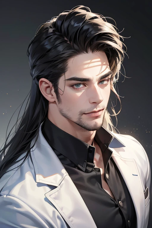 (best quality,4k,8k,highres,masterpiece:1.2),ultra-detailed,(realistic,photorealistic,photo-realistic:1.37),30 year old man,3 day beard,handsome anime,portraits,strong,masculine,dark hair,sharp jawline,mesmerizing eyes,perfectly styled hair,cool anime outfit,confident expression,vibrant colors,dynamic lighting, CEO and expression smile in love.