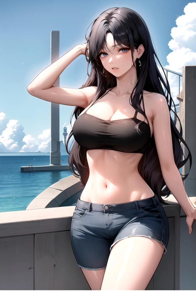 Black hair,blue eyes,(high quality eyes),masterpiece, best quality, high quality, highres, outdoors, looking at viewer, midriff, Jenny, tall female,huge breasts, tassel earrings,wavy hair, bikini,pool
