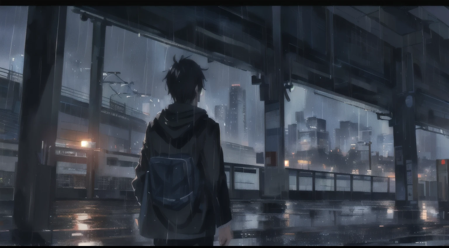 anime - style scene of a man standing in a rain soaked subway station, 4k anime wallpaper, anime wallpaper 4 k, anime wallpaper 4k, anime art wallpaper 4k, anime art wallpaper 4 k, anime art wallpaper 8 k, anime style 4 k, 4 k manga wallpaper, makoto shinkai style, hd anime cityscape
