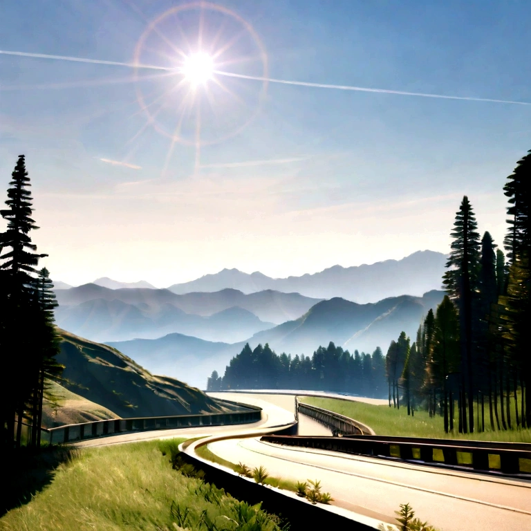 Mountains and forests in the background, best quality, sun shining, blue sky, grassy field, left-side view, horizontal view, 3d view, road is facing left, left view, side view, sideways view of the road, road in straight line, front view of mountains, Road on the cliffside with steel railings, mountains and forests in the background,