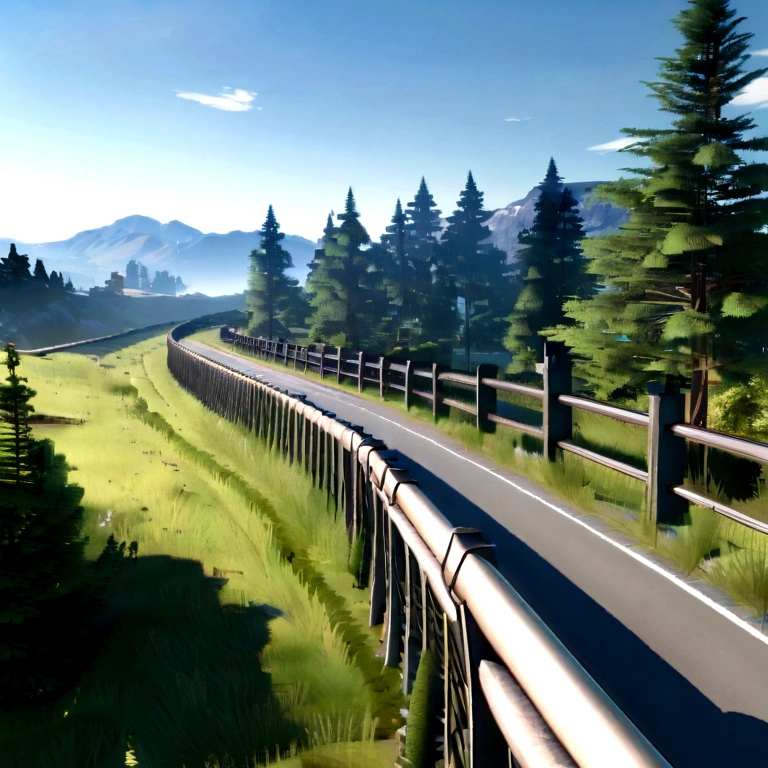 Mountains and forests in the background, best quality, sun shining, blue sky, grassy field, left-side view, horizontal view, 3d view, road is facing left, left view, side view, sideways view of the road, road in straight line, front view of mountains, Road on the cliffside with steel railings, mountains and forests in the background,