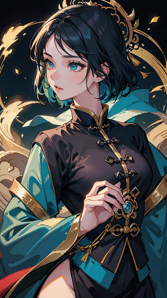 Masterpiece, Best quality, 1 Female, Mature Woman, Elder Sister, young girl, Royal Sister, Cold Face, strong, green eyes, wolfcut short hair, smoky mix blue color hair, resolute eyes, simple black Taoist Taoist uniform, black accessories, Chinese mix morden, frontal photo, blank background, remove background, wolfcut, anime, illustration
