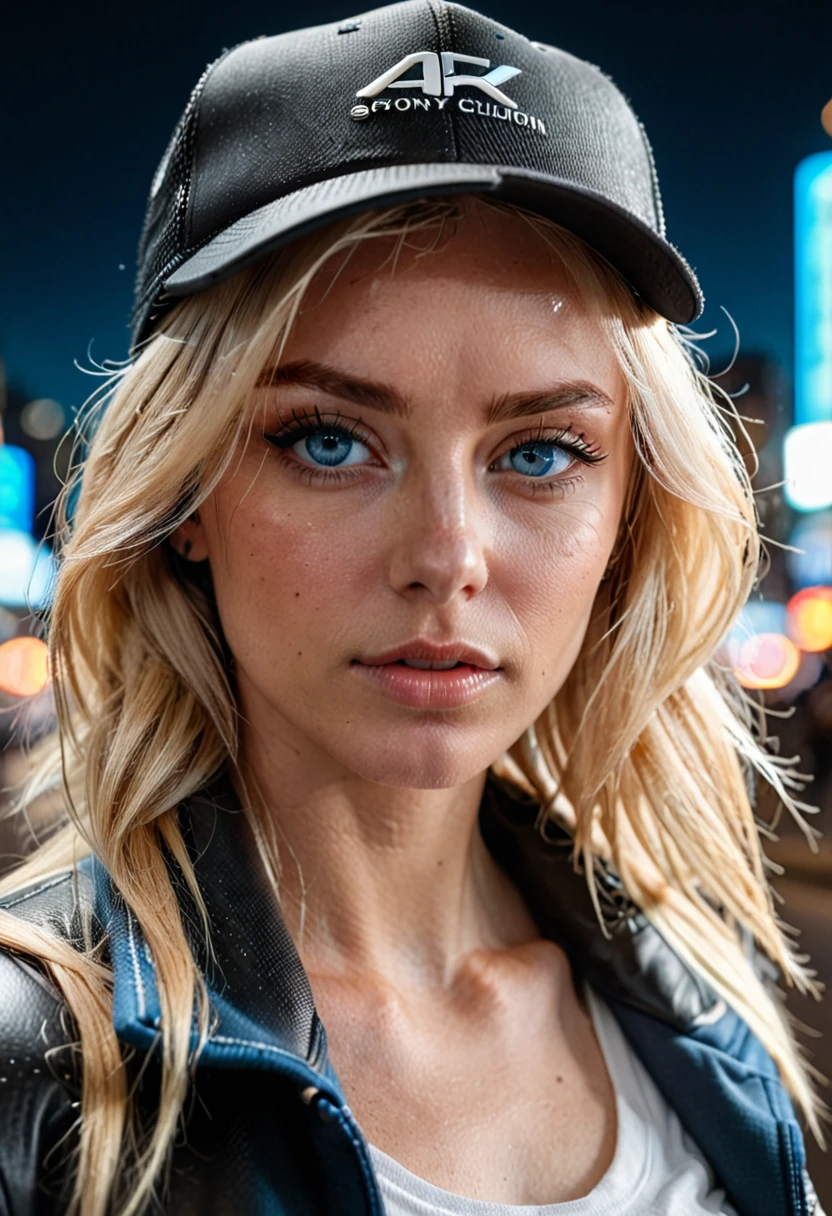 medium close-up, SONY A7S III camera, 18mm lens, f1.6.) With an all-black trucker cap with no logos on her head (cap image completely uncropped), a beautiful and stunning Caucasian woman with blonde hair and blue eyes slit-pupil shots starring the futuristic city at the viewer in a dynamic body pose, perfect eyes, detailed skin, intricate details. High quality, hyper-detailed, depth of field, ambient light, film still image, cinematic shot, cinematic lighting, ambient occlusion, 64K UHD. Film photography, Cinematic, Cinematic scene, Cinematic lighting, blue eyes, perfect eyes, side view, (completely uncropped image
