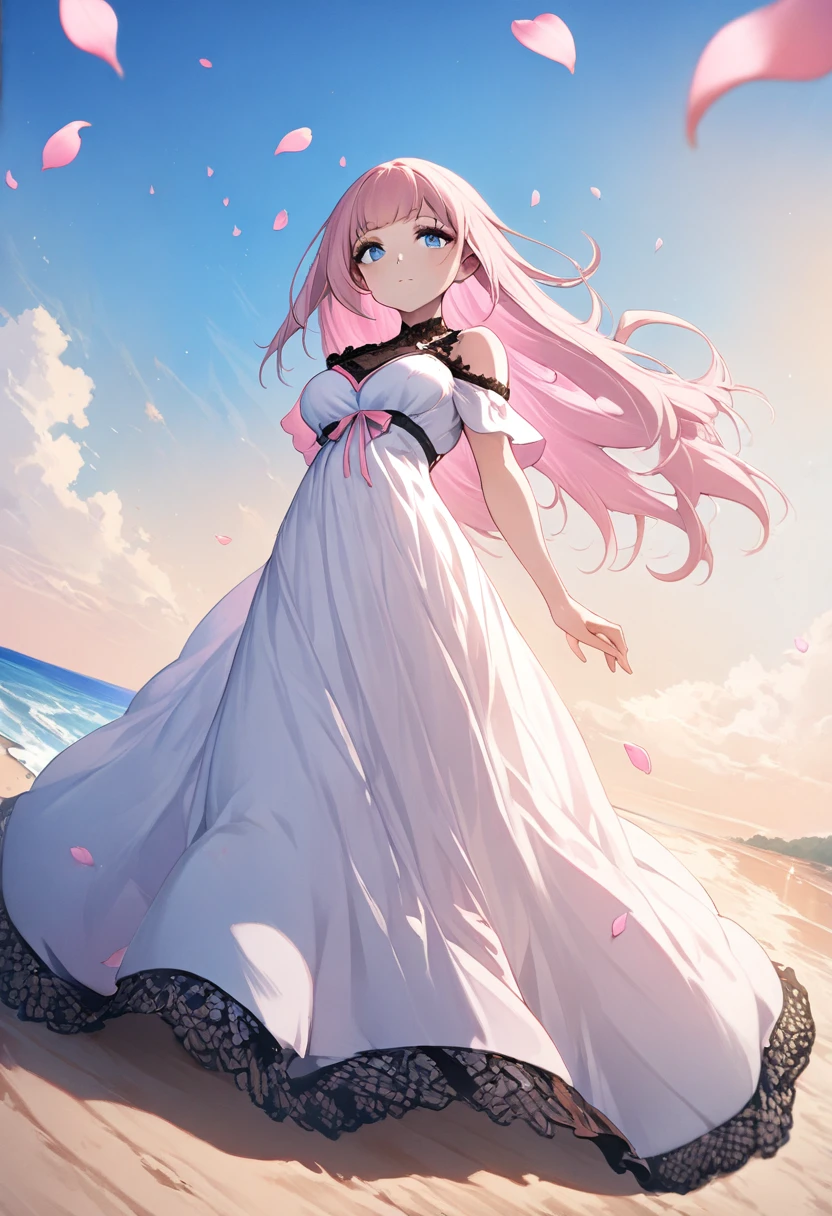 ((Highest quality)), ((masterpiece)), (detailed), ((Perfect Face)), Lilia, One Girl、Pink Hair、blue eyes、White dress with black lace、large pink ribbon on the chest、((whole body))、((Beach))、Fantastic、Mysteriouany petals flutter)、Artistic、Long skirt fluttering、Angle from below、