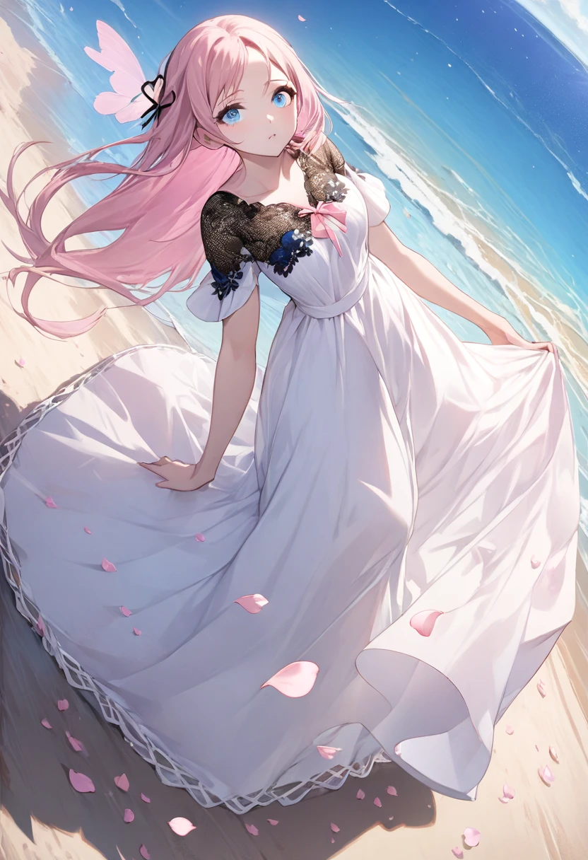 ((Highest quality)), ((masterpiece)), (detailed), ((Perfect Face)), Lilia, One Girl、Pink Hair、blue eyes、White dress with black lace、large pink ribbon on the chest、((whole body))、((Beach))、Fantastic、Mysteriouany petals flutter)、Artistic、Long skirt fluttering、Angle from below、