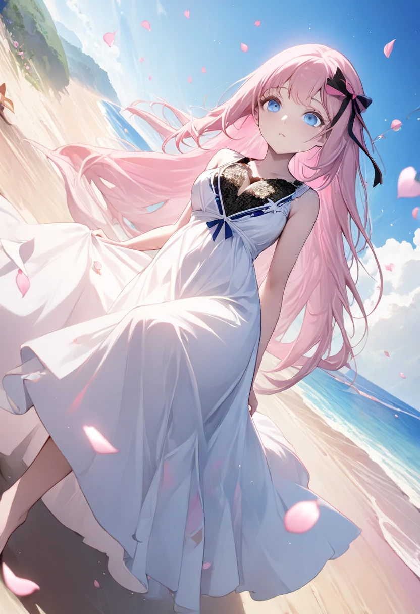 ((Highest quality)), ((masterpiece)), (detailed), ((Perfect Face)), Lilia, One Girl、Pink Hair、blue eyes、White dress with black lace、large pink ribbon on the chest、((whole body))、((Beach))、Fantastic、Mysteriouany petals flutter)、Artistic、Long skirt fluttering、Angle from below、