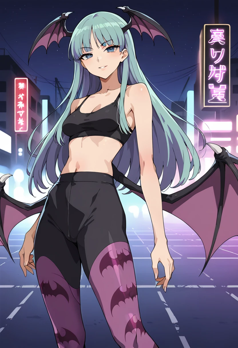 score_9, source_anime, rooftops, night city, neon lights, slim body, Slender legs, slim hourglass figure body type, average breasts size, puple_hair, purple_eyes, Morrigan_Aensland, black sports bra, black yoga pants, seductive smile, looking at viewer