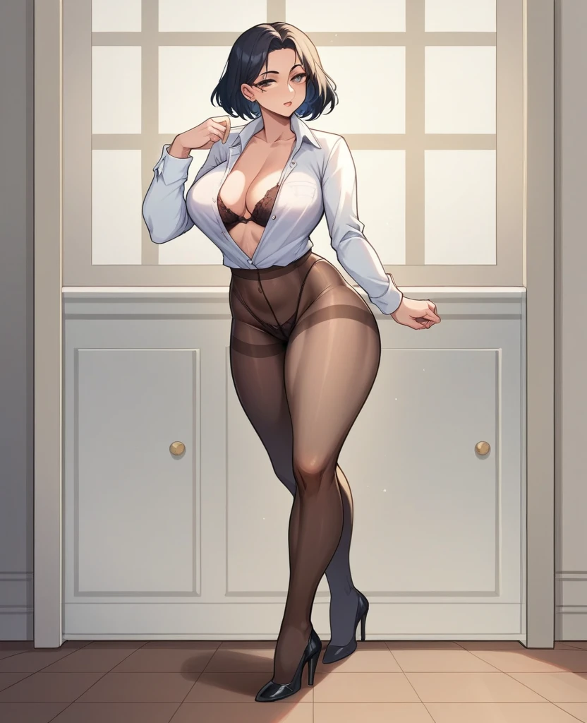 Full body appearance, thick legs and thighs slightly exposed, revealing the curves and fatness of a 55 year old body. standing in the bedroom. Thin fabric lingerie shirt that is loose and without buttons, very seductive, without a pattern, view of a person with thick legs and thighs exposed. Reasonable, somewhat large and extreme volume, Very deep floor panties, no glasses, sexy ensemble, no stockings and high heels, very curvaceous figure, Pantyhose, Full Body View with thick legs and thighs exposed, 55 years old