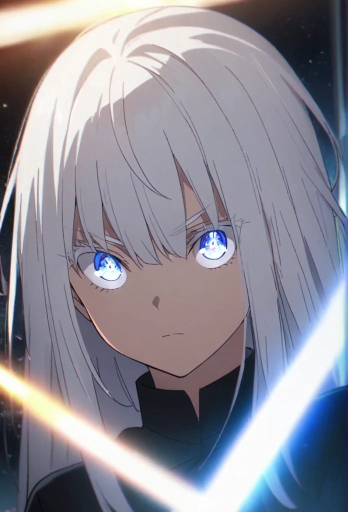 Woman, age 18, white hiar, hair bangs, wears round sunglasess, white eyebrows, white eyelash, white eyelashes, gojo satoru, glowing eyes, galaxy eyes, wearing black shirt, high quality, 4k resolution, anime, ((straight hair))