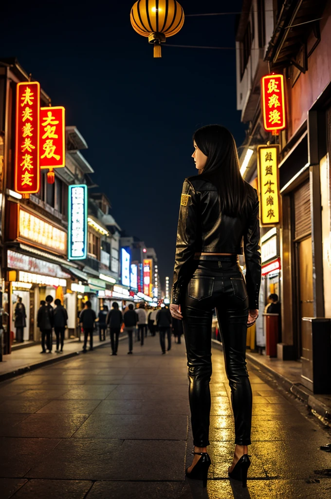 A full-body, high quality, at night, 25-years-old female with long straight gold hair, wearing a leather shirt, punk pants, she is standing with her back to the camera infront of her (face)is a street in China Town of Thailand that has Chinese language light signs on the left and right buildings.