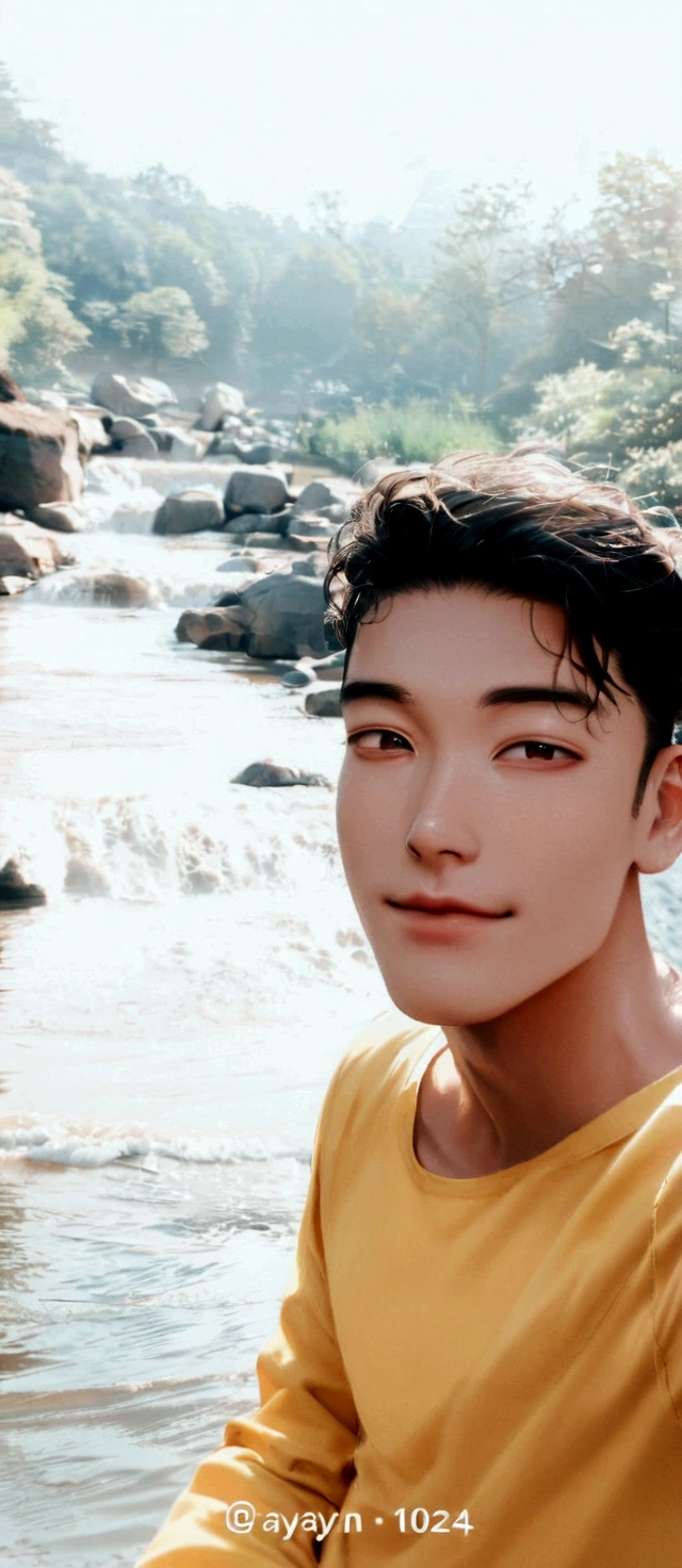 there is a cute korean boy that is standing in front of a river, handsome boy, profile pic, thawan duchanee, ayan nag, profile picture 1024px, picture, profile picture, cute korean boy, profile picture, selfie photo, yellow tshirt , good looking face, portait photo profile picture