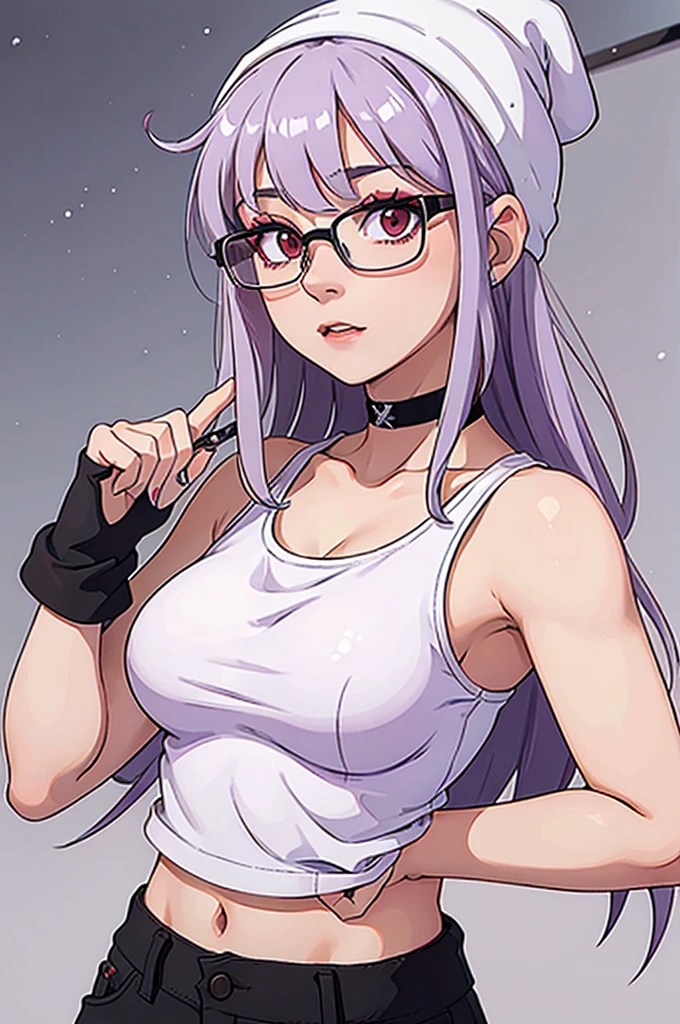 girl, white beanie, bangs, light purple hair, red eyes, glasses, black tanktop, choker, breasts