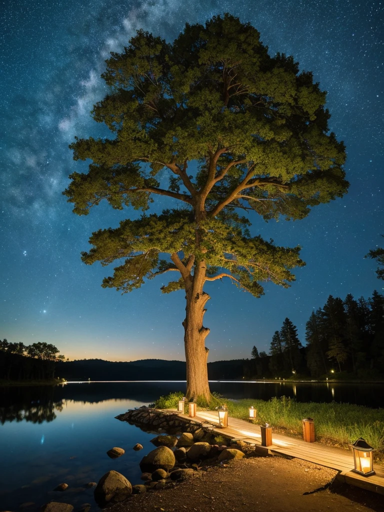 Giant Tree、Starry Sky、lake、Forest