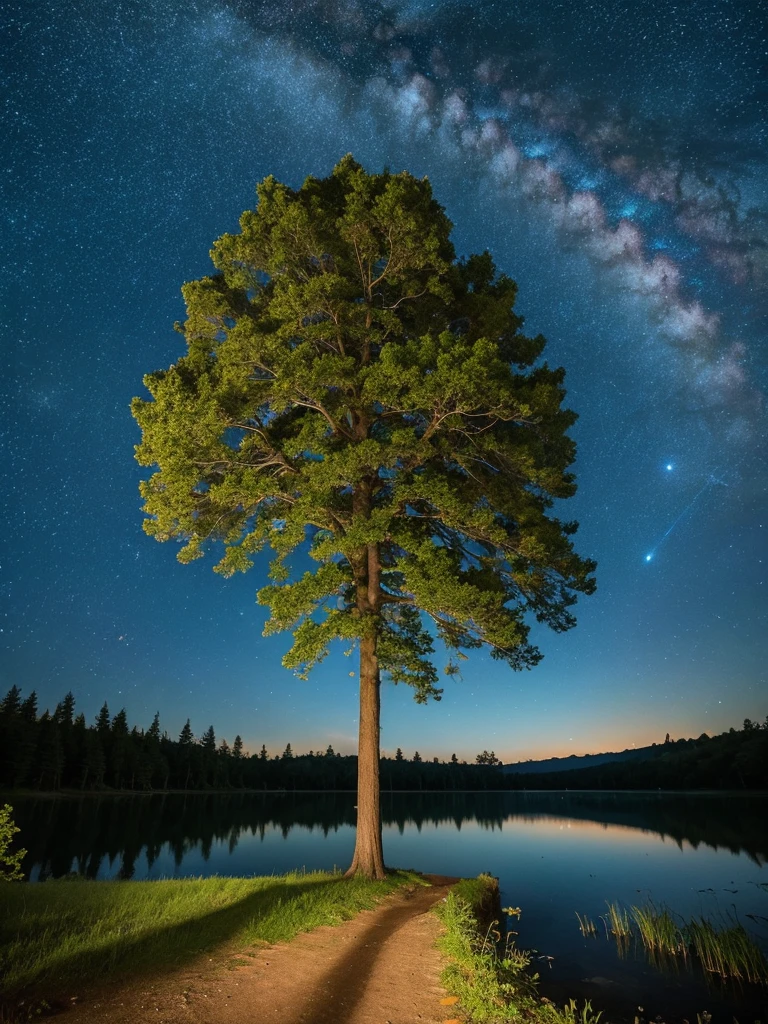 Giant Tree、Starry Sky、lake、Forest