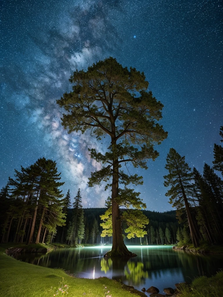 Giant Tree、Starry Sky、lake、Forest