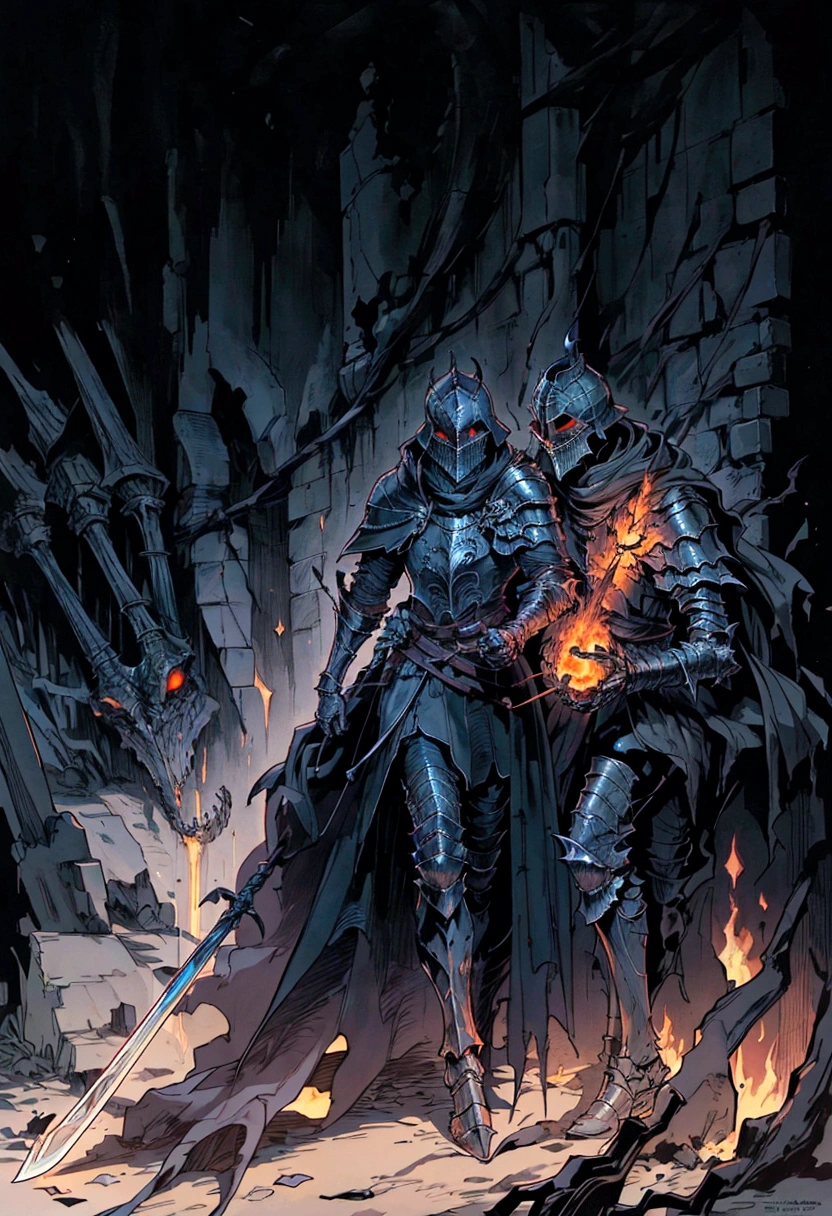 arafed knight with a sword in a dark room with flames, dark souls knight, the dark souls knight, dark souls style, dark souls art, dark souls concept art, dark souls inspired, dark souls art style, dark souls vibe, darksouls concept art, fallen knight, dark soul concept art, in style of dark souls 3, dark souls colour scheme, 1 knight only