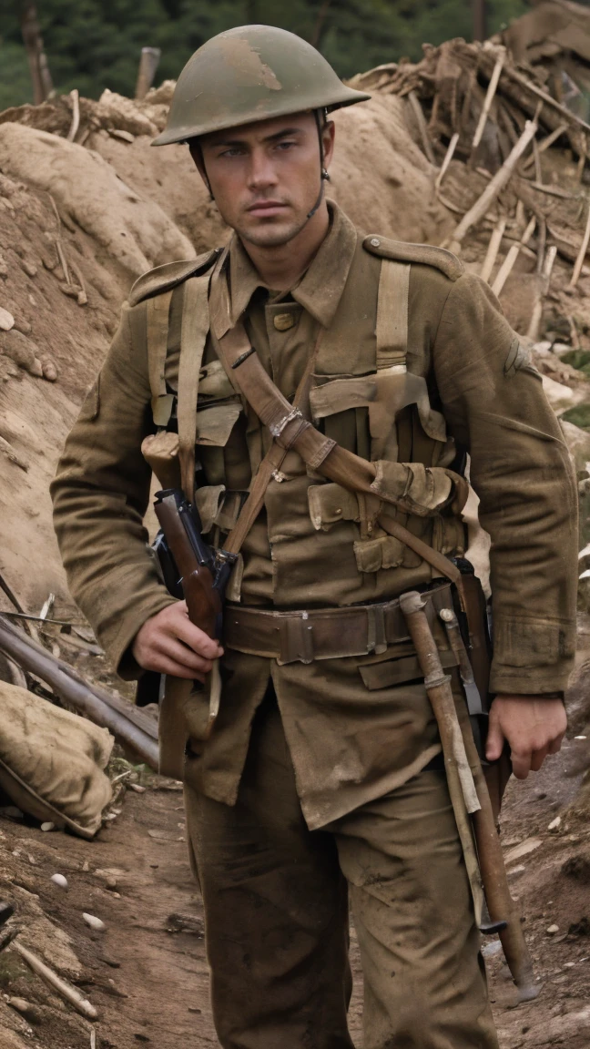 (masterpiece), best quality, expressive eyes, perfect face, All quiet on western Front, man, trenches, dirty, uniform, realistic, HD, Rifle