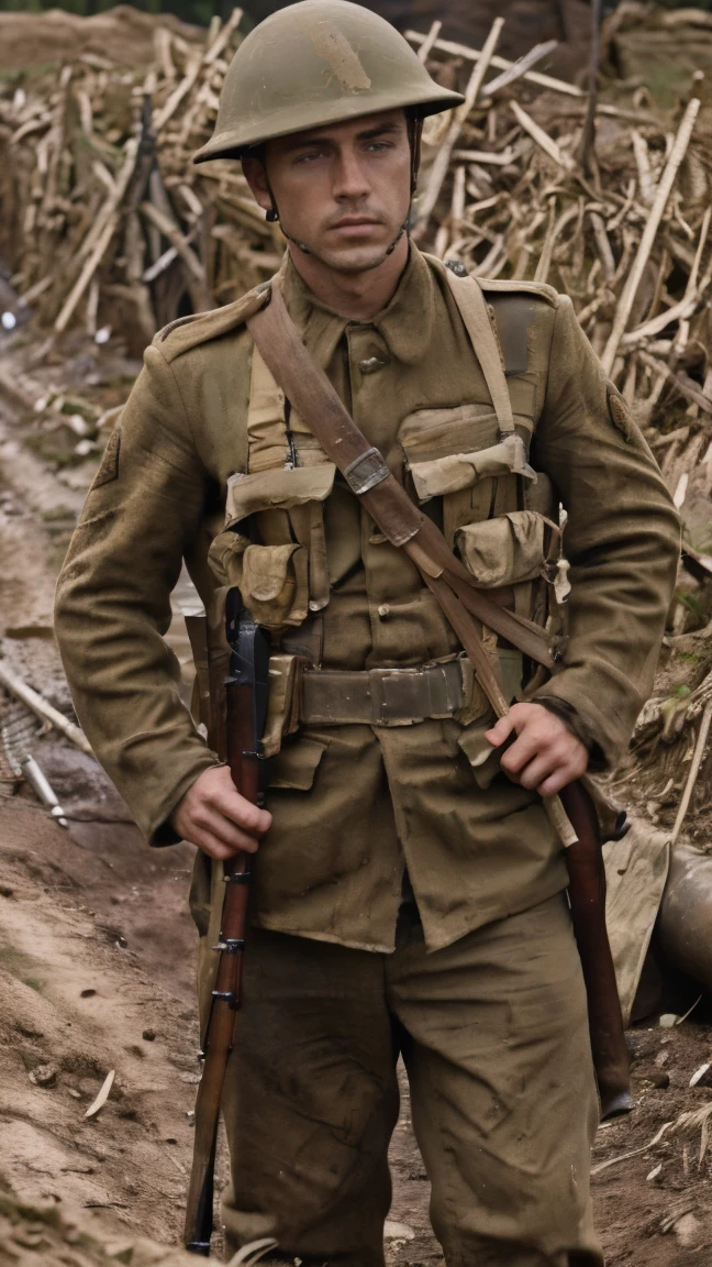 (masterpiece), best quality, expressive eyes, perfect face, All quiet on western Front, man, trenches, dirty, uniform, realistic, HD, Rifle